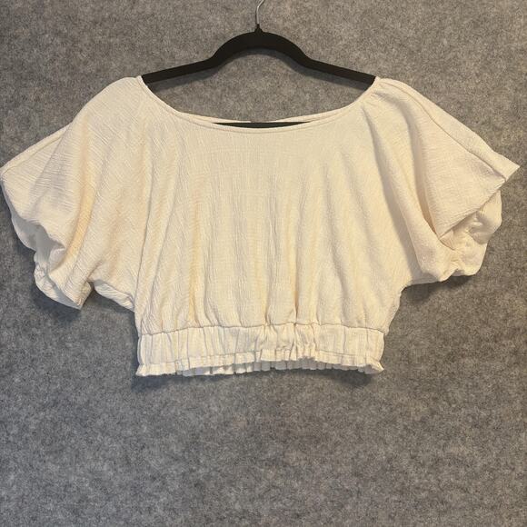 Free People Shirt Womens Size Small Crop Flutter Sleeve Smocked Hem Boho - Picture 1 of 13